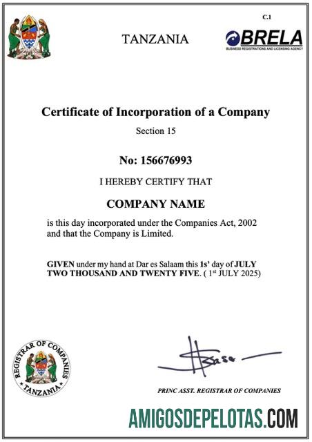 Certificado de constituição de empresa da Tanzia para impressão, modelo Word e PDF